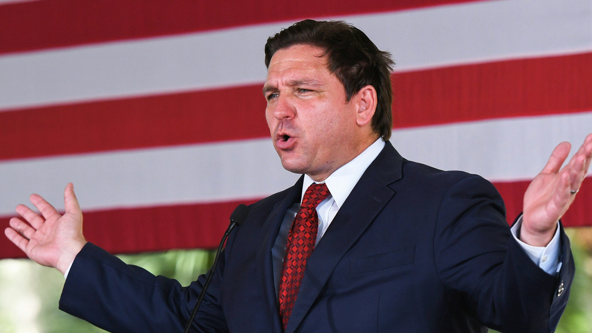 Florida Gov. Ron DeSantis speaks to supporters at a campaign stop on the Keep Florida Free Tour at the Horsepower Ranch in Geneva. DeSantis faces former Florida Gov. Charlie Crist for the general election for Florida Governor in November.