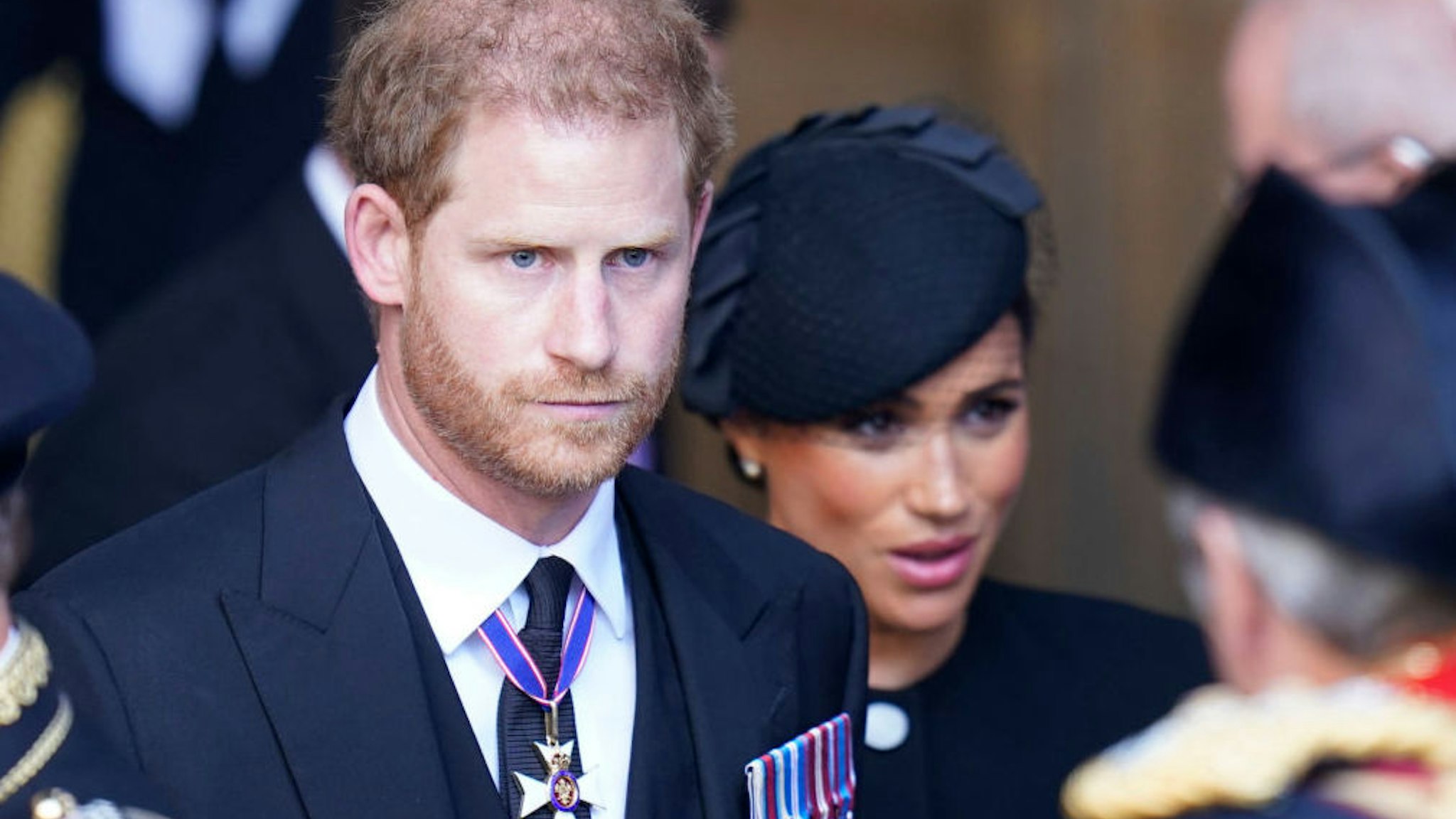 Prince Harry and Meghan, Duchess of Sussex leave Westminster Hall, London after the coffin of Queen Elizabeth II was brought to the hall to lie in state ahead of her funeral on Monday on September 14, 2022 in London, England.