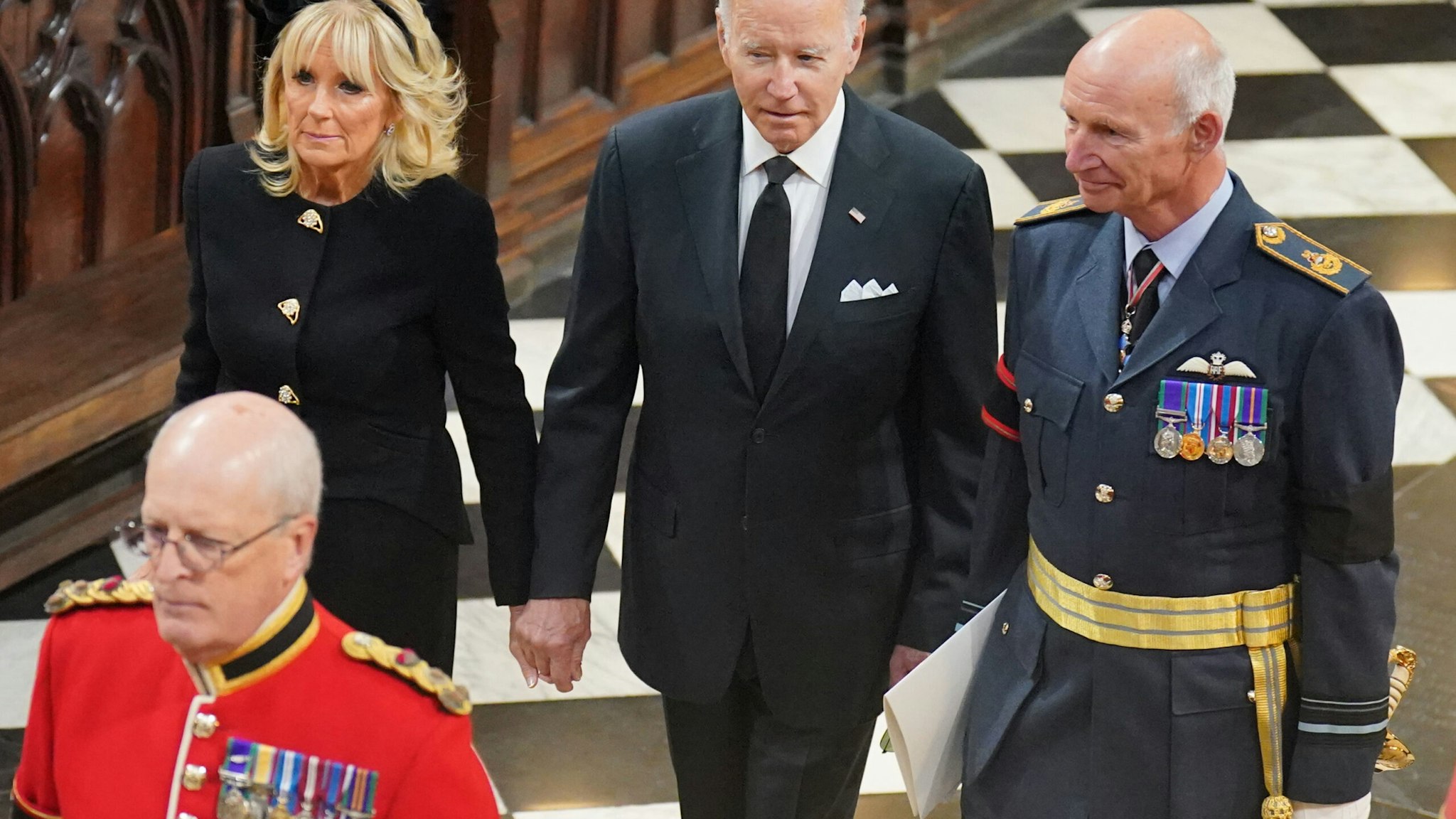 US President Joe Biden (centre) and First Lady Jill Biden arrive at the State Funeral of Queen Elizabeth II, held at Westminster Abbey, on September 19, 2022 in London, England. Elizabeth Alexandra Mary Windsor was born in Bruton Street, Mayfair, London on 21 April 1926. She married Prince Philip in 1947 and ascended the throne of the United Kingdom and Commonwealth on 6 February 1952 after the death of her Father, King George VI. Queen Elizabeth II died at Balmoral Castle in Scotland on September 8, 2022, and is succeeded by her eldest son, King Charles III.