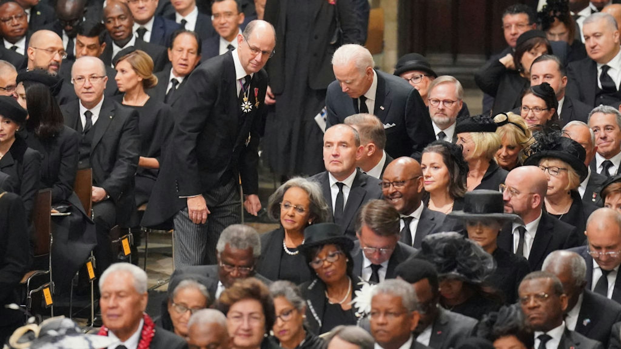 LONDON, ENGLAND - SEPTEMBER 19: US President Joe Biden takes his seats with other heads of state and dignitaries at the State Funeral of Queen Elizabeth II, held at Westminster Abbey, on September 19, 2022 in London, England. Elizabeth Alexandra Mary Windsor was born in Bruton Street, Mayfair, London on 21 April 1926. She married Prince Philip in 1947 and ascended the throne of the United Kingdom and Commonwealth on 6 February 1952 after the death of her Father, King George VI. Queen Elizabeth II died at Balmoral Castle in Scotland on September 8, 2022, and is succeeded by her eldest son, King Charles III. (Photo by