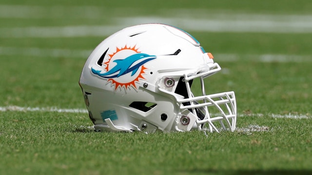 MIAMI GARDENS, FL - SEPTEMBER 25: A Miami Dolphins helmet during the game between the Buffalo Bills and the Miami Dolphins on September 25, 2022 at Hard Rock Stadium in Miami Gardens, Fl.