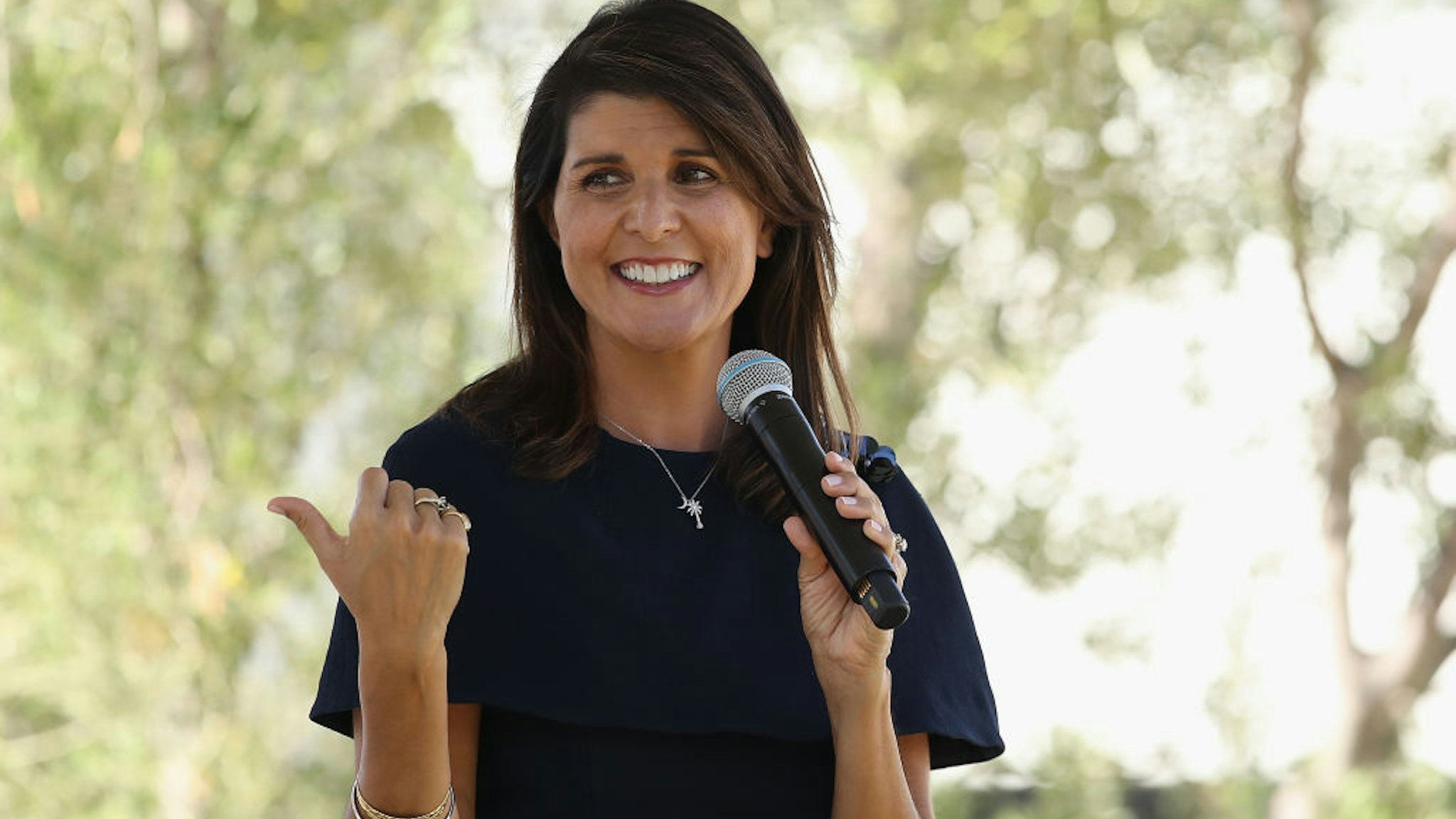 SCOTTSDALE, ARIZONA - OCTOBER 12: Former U.N. Ambassador Nikki Haley speaks at a campaign event for U.S. Sen. Martha McSally (R-AZ) on October 12, 2020 in Scottsdale, Arizona. McSally is looking to gain ground against Democratic Senate candidate and retired astronaut Mark Kelly, who, according to reports, is leading in polling and fundraising. (Photo by Christian Petersen/Getty Images)