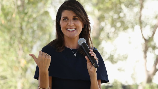 SCOTTSDALE, ARIZONA - OCTOBER 12: Former U.N. Ambassador Nikki Haley speaks at a campaign event for U.S. Sen. Martha McSally (R-AZ) on October 12, 2020 in Scottsdale, Arizona. McSally is looking to gain ground against Democratic Senate candidate and retired astronaut Mark Kelly, who, according to reports, is leading in polling and fundraising. (Photo by Christian Petersen/Getty Images)