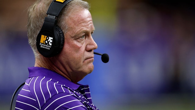 NEW ORLEANS, LOUISIANA - SEPTEMBER 04: Head coach Brian Kelly of LSU Tigers looks on during the game against the Florida State Seminoles at Caesars Superdome on September 04, 2022 in New Orleans, Louisiana. (Photo by Chris Graythen/Getty Images)