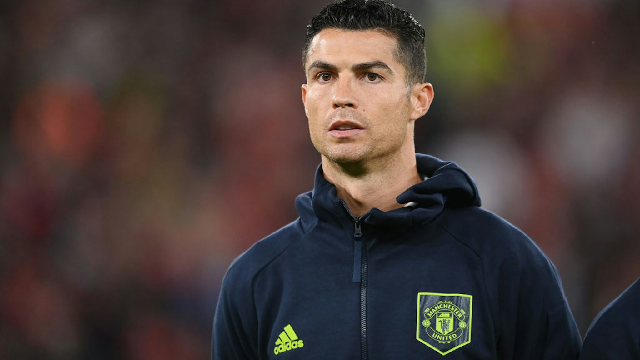 MANCHESTER, ENGLAND - SEPTEMBER 08: Cristiano Ronaldo of Manchester United looks on before the UEFA Europa League group E match between Manchester United and Real Sociedad at Old Trafford on September 08, 2022 in Manchester, England. (Photo by Michael Regan/Getty Images)