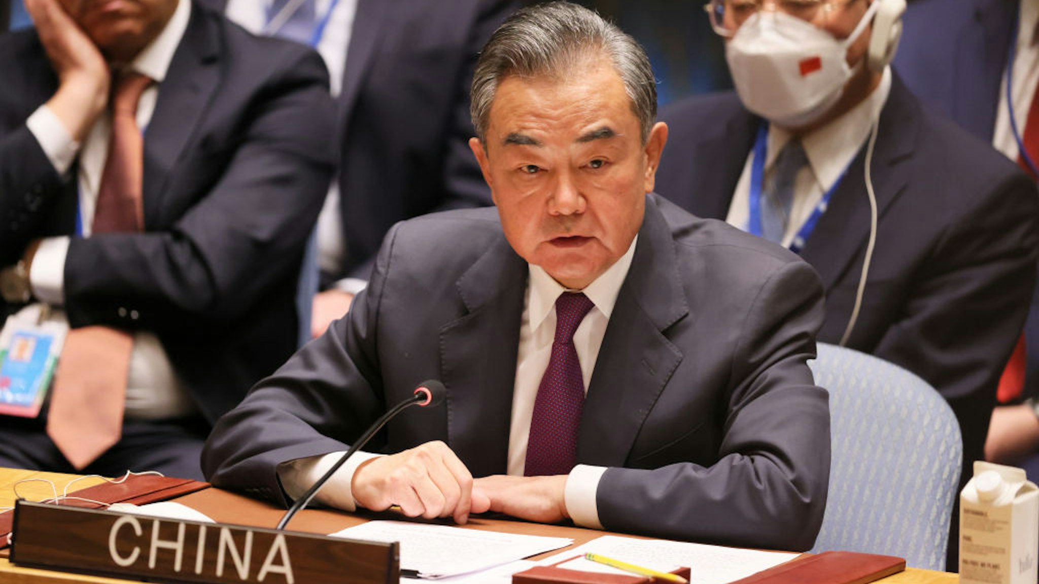 NEW YORK, NEW YORK - SEPTEMBER 22: China State Councilor and Minister of Foreign Affairs Wang Yi speaks during the United Nations Security Council meeting at the United Nations Headquarters to discuss the conflict in Ukraine on September 22, 2022 in New York City. Yesterday, Russian President Vladimir Putin announced a "partial mobilization" of Russian citizens, calling up 300,000 Russian reservists to fight in Ukraine. Putin also stated his support for a referendum to annex Russian-occupied territory in Ukraine, as well as his willingness to use nuclear weapons to defend the territories. In a remote speech yesterday at the U.N. Ukraine President Volodymyr Zelensky called for the revocation of Russia's veto power as a permanent member of the United Nations Security Council in a remote speech yesterday at the United Nations General Assembly.