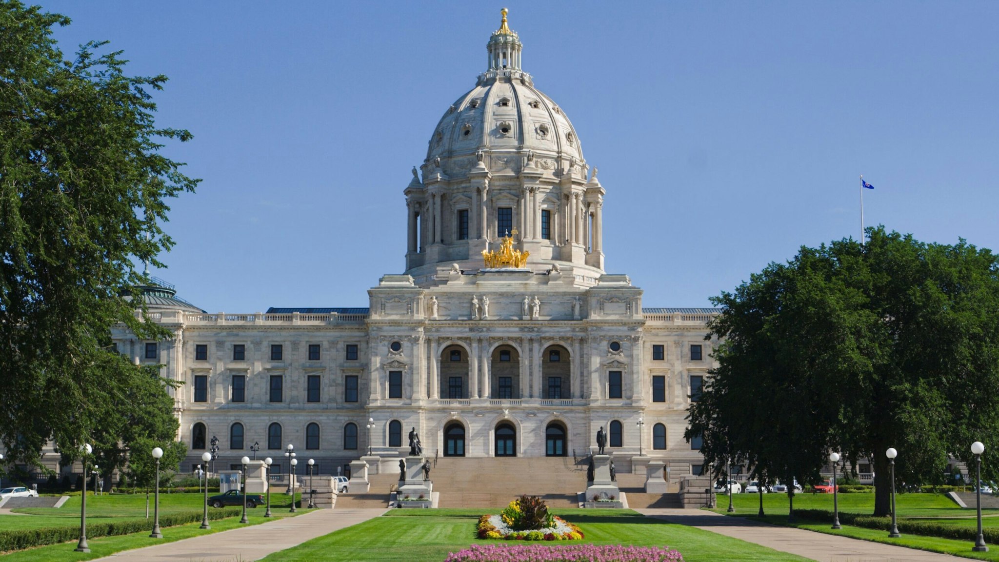 Front entrance approach of the Minnesota State Capitol building in St. Paul, Minnesota, USA, a facility for government legislation.
