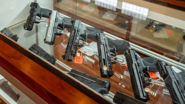 Smith & Wesson handguns are seen for sale in a gun store on September 09, 2022 in Houston, Texas