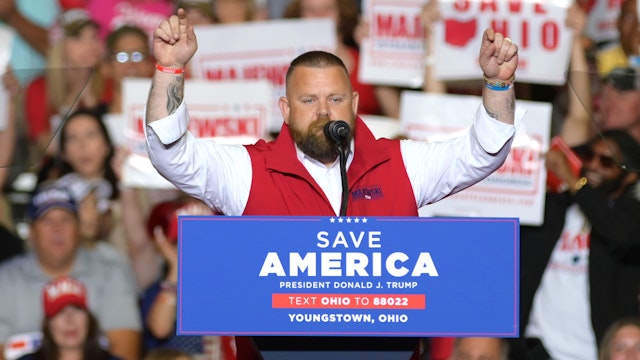 JR Majewski, US Republican Representative candidate for Ohio, arrives to speak during a rally in Youngstown, Ohio, US, on Saturday, Sept. 17, 2022. The 2022 election season kicked off with Republicans poised to take control of at least the House thanks to voter outrage over high prices.