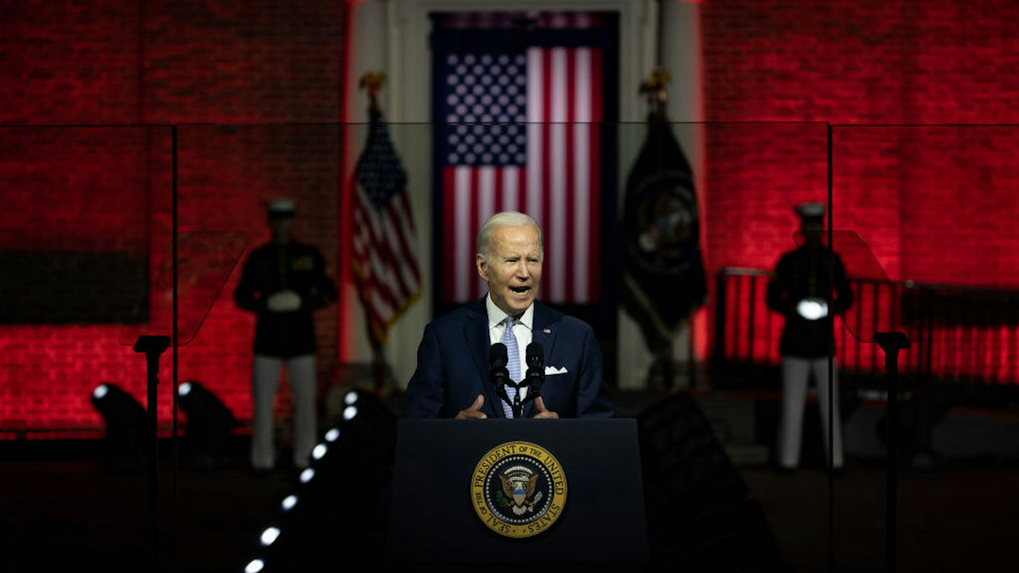 US President Joe Biden speaks at Independence National Historical Park in Philadelphia, Pennsylvania, US, on Thursday, Sept. 1, 2022. Biden is arguing that Donald Trump's supporters pose a threat to US democracy and the country's elections during an address billed as the "battle for the soul of the nation." Photographer: Hannah Beier/Bloomberg