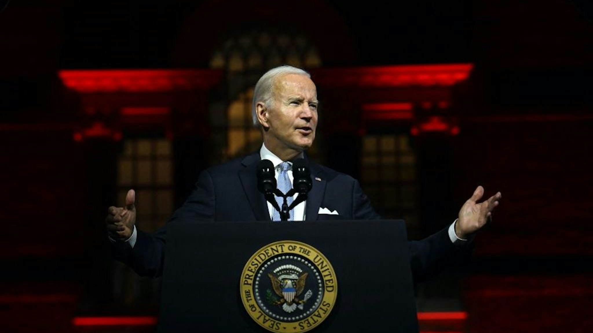 US President Joe Biden speaks about the soul of the nation, outside of Independence National Historical Park in Philadelphia, Pennsylvania, on September 1, 2022. (Photo by Jim WATSON / AFP) (Photo by JIM WATSON/AFP via Getty Images)