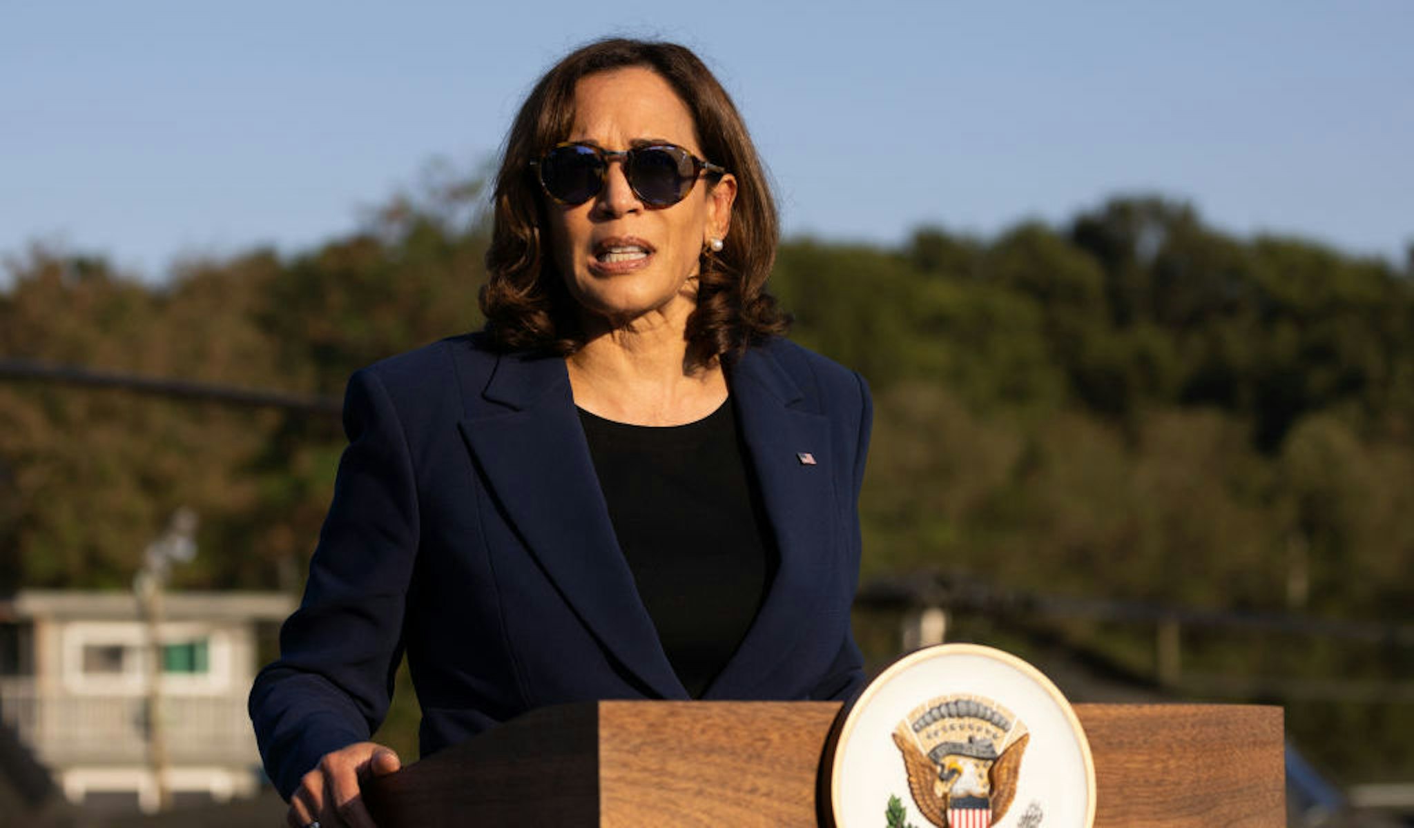 US Vice President Kamala Harris speaks during a news conference at Camp Bonifas near the truce village of Panmunjom in the Demilitarized Zone (DMZ) in Paju, South Korea, on Thursday, Sept. 29, 2022. Harris went to the Demilitarized Zone dividing the two Koreas, in a high-stakes visit for Washington that came just hours after Kim Jong Un’s regime fired two short-range ballistic missiles into the sea. Photographer: SeongJoon Cho/Bloomberg