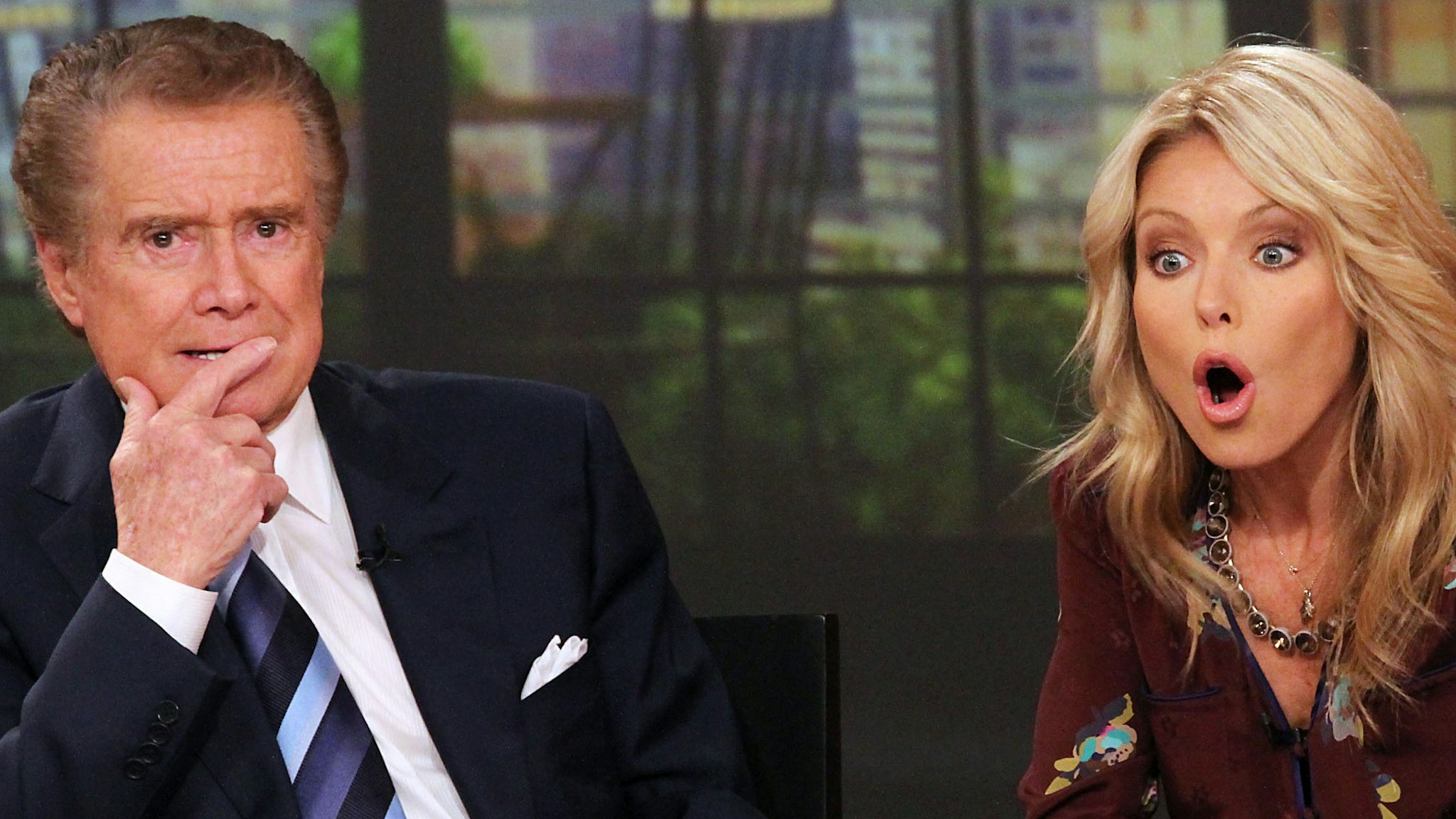 Regis Philbin and Kelly Ripa attend a press conference on Regis's departure from "LIVE! with Regis and Kelly" at ABC Studios on November 17, 2011 in New York City.