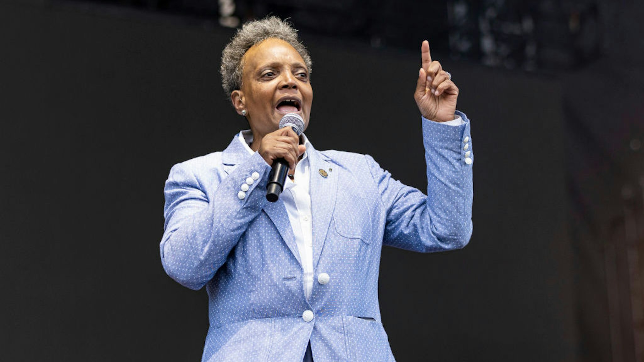 CHICAGO, ILLINOIS - JULY 28: Chicago Mayor, Lori Lightfoot speaks to crowd on day 1 of Lollapalooza at Grant Park on July 28, 2022 in Chicago, Illinois. (Photo by Scott Legato/Getty Images)