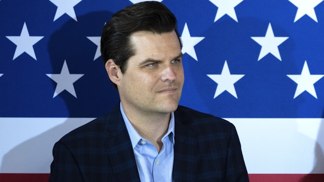 NEWARK, OH - APRIL 30: (L-R) Rep. Matt Gaetz (R-FL) and Rep. Marjorie Taylor Greene (R-GA) look on as J.D. Vance, a Republican candidate for U.S. Senate in Ohio, speaks during a campaign rally at The Trout Club on April 30, 2022 in Newark, Ohio. Former President Donald Trump recently endorsed J.D. Vance in the Ohio Republican Senate primary, bolstering his profile heading into the May 3 primary election. Other candidates in the Republican Senate primary field include Josh Mandel, Mike Gibbons, Jane Timken, Matt Dolan and Mark Pukita.