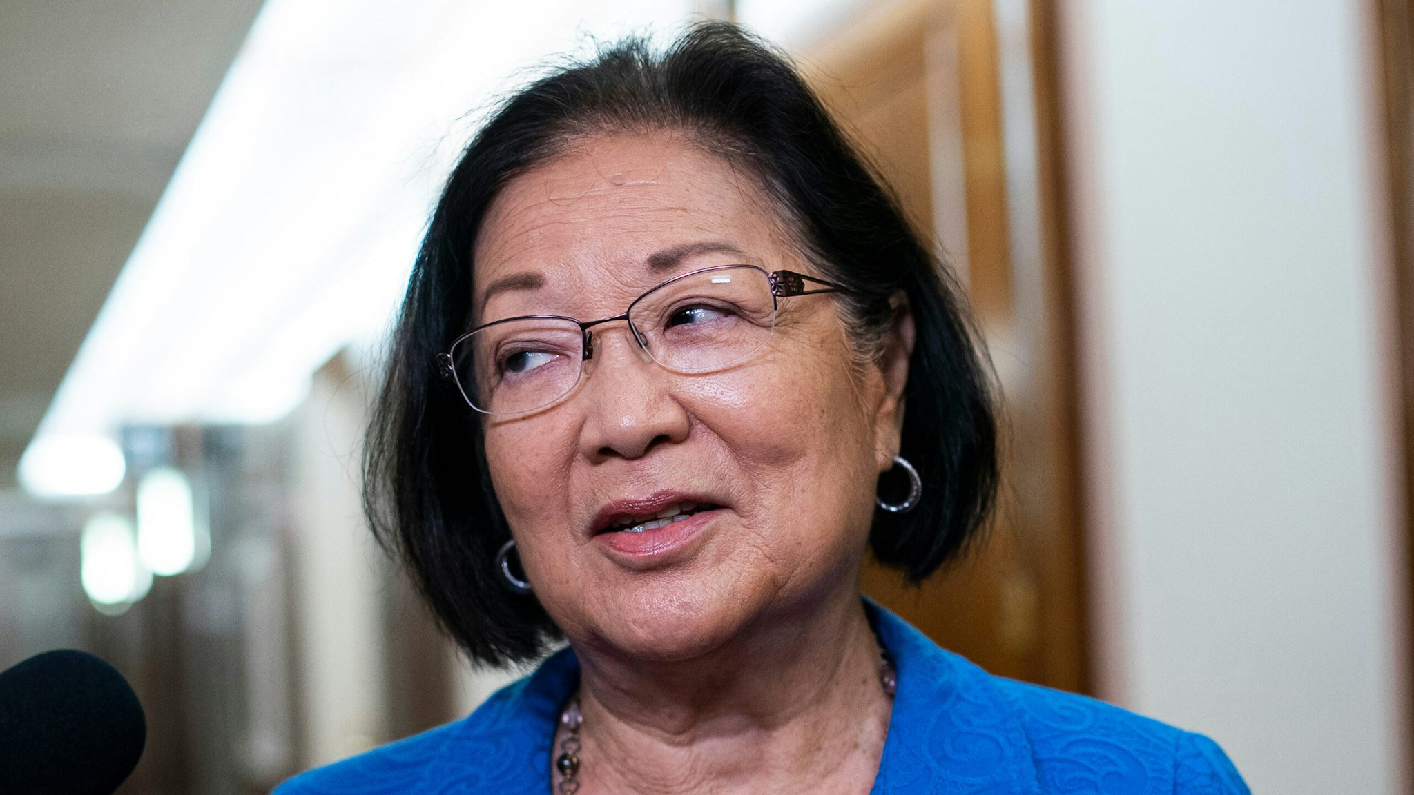 Senator Mazie Hirono, a Democrat from Hawaii, speaks to members of the media while arriving during a Senate Energy and Natural Resources Committee hearing in Washington, D.C., US, on Tuesday, July 19, 2022. The hearing is to examine "federal regulatory authorities governing the development of interstate hydrogen pipelines, storage, import, and export facilities."