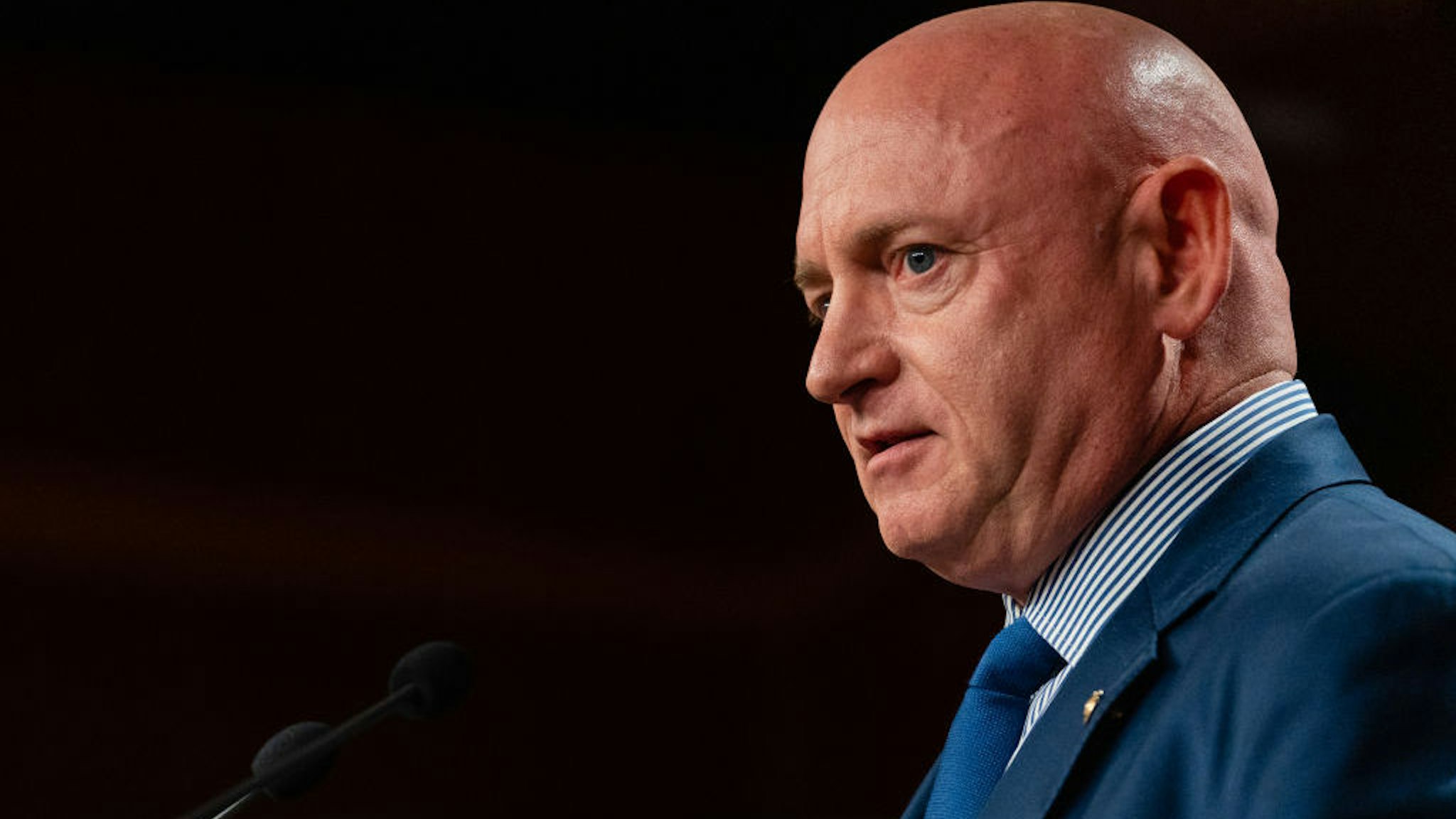 Senator Mark Kelly, a Democrat from Arizona, speaks during a news conference following the weekly Democratic caucus luncheon at the US Capitol in Washington, D.C., US, on Tuesday, July 26, 2022. The Senate delayed a procedural vote on a bill to boost the US domestic semiconductor industry after flight disruptions caused by storms on the East Coast prevented some senators from returning to Washington on Monday. Photographer: Eric Lee/Bloomberg
