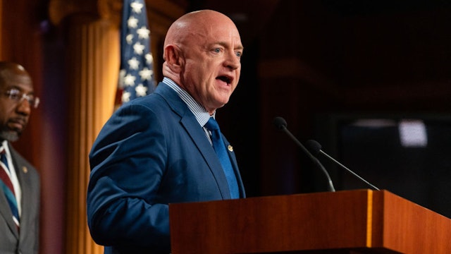 Senator Mark Kelly, a Democrat from Arizona, speaks during a news conference following the weekly Democratic caucus luncheon at the US Capitol in Washington, D.C., US, on Tuesday, July 26, 2022. The Senate delayed a procedural vote on a bill to boost the US domestic semiconductor industry after flight disruptions caused by storms on the East Coast prevented some senators from returning to Washington on Monday. Photographer: Eric Lee/Bloomberg