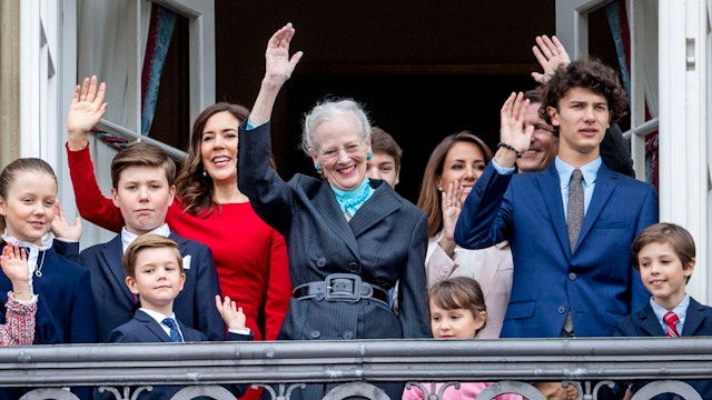 Queen Margrethe of Denmark, Crown Princess Mary of Denmark, Prince Christian of Denmark, Princess Isabella of Denmark, Prince Vincent of Denmark, Princess Josephine, Prince Joachim of Denmark, Princess Marie of Denmark, Prince Nikolai of Denmark, Prince Felix of Denmark, Prince Henrik of Denmark and Princess Athena of Denmark at the balcony of Amalienborg palace on April 16, 2018 in Copenhagen, Denmark.