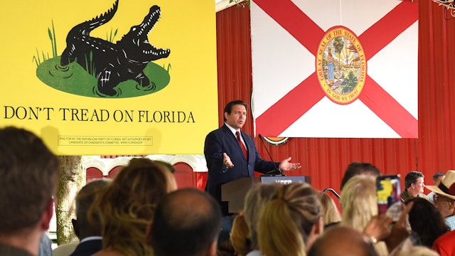 GENEVA, UNITED STATES - 2022/08/24: Florida Gov. Ron DeSantis speaks to supporters at a campaign stop on the Keep Florida Free Tour at the Horsepower Ranch in Geneva. DeSantis faces former Florida Gov. Charlie Crist for the general election for Florida Governor in November.