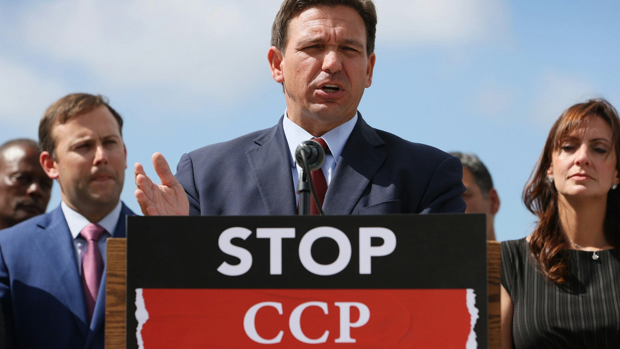MIAMI, FLORIDA - JUNE 07: Florida Gov. Ron DeSantis speaks during a press conference held at the Florida National Guard Robert A. Ballard Armory on June 07, 2021 in Miami, Florida. The governor had the press conference to speak about two bills he signed to combat foreign influence and corporate espionage in Florida from governments like China.