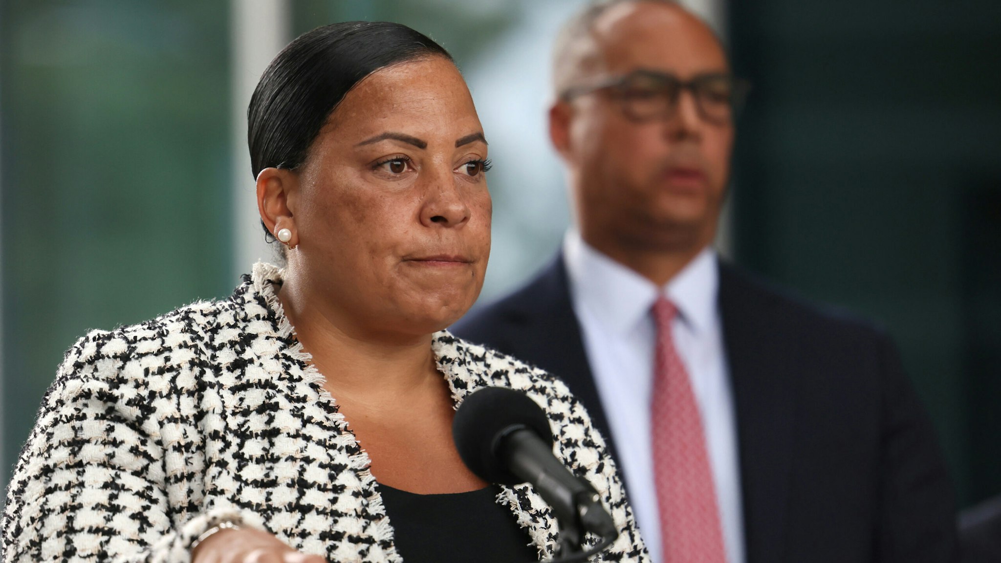 Boston, MA - July 5: U.S. Attorney Rachael Rollins speaks to reporters about the white supremacist activity in the area over the 4th of July weekend during a press conference outside of Boston Police Headquarters.