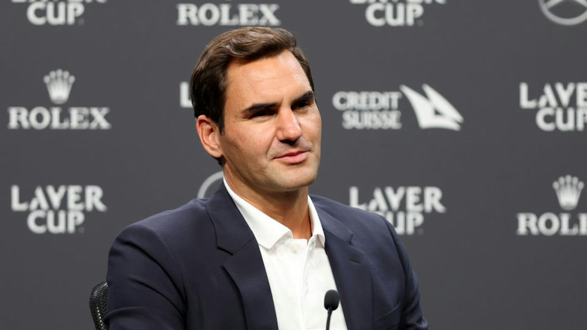 LONDON, ENGLAND - SEPTEMBER 21: Roger Federer of Team Europe talks to the media during a press conference ahead of the Laver Cup at The O2 Arena on September 21, 2022 in London, England.