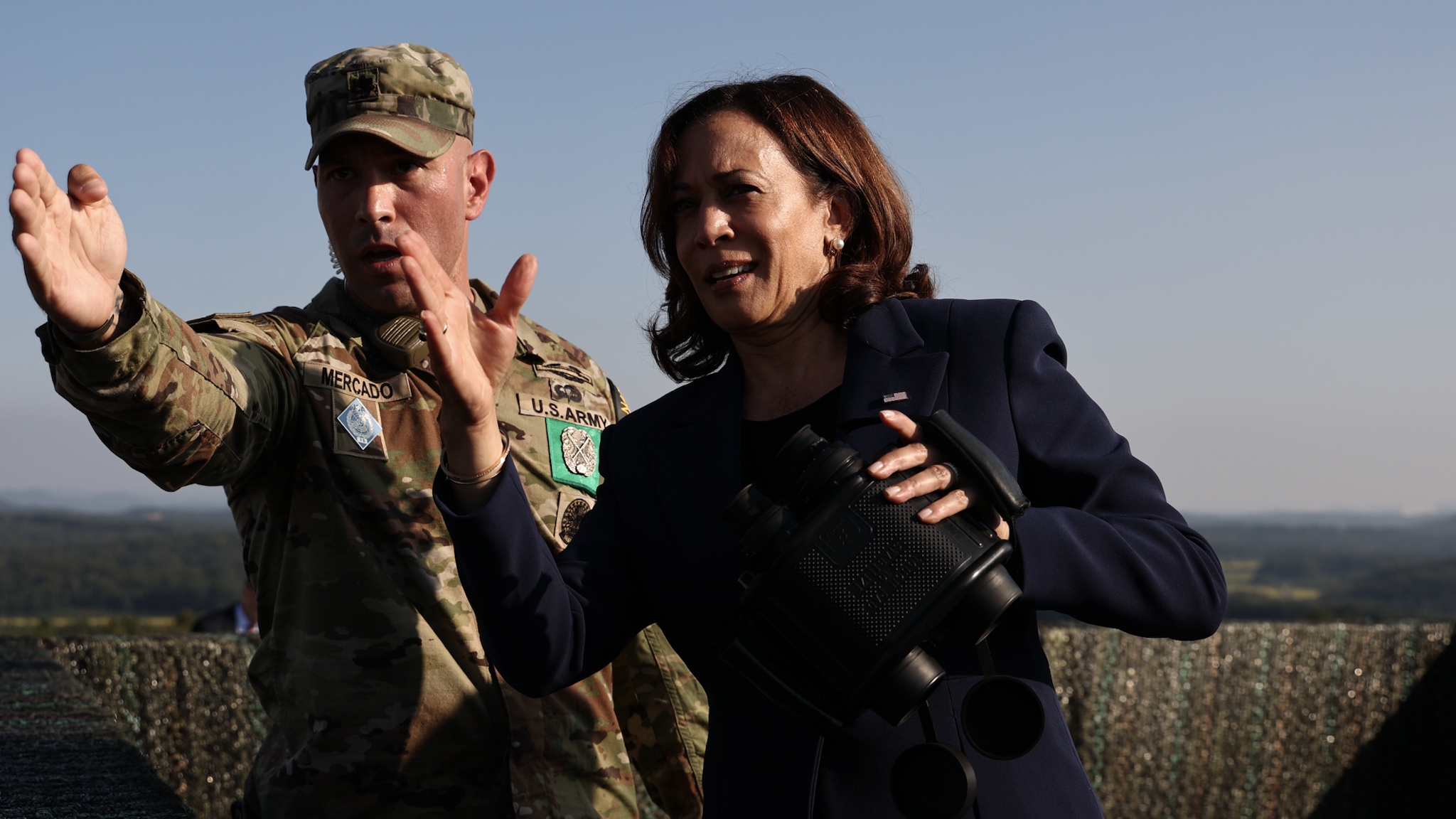 US Vice President Kamala Harris, right, looks towards the north side of the border at the Demilitarized Zone (DMZ) in Paju, South Korea, on Thursday, Sept. 29, 2022. Harris and South Korea President Yoon Suk Yeol condemned North Koreas ballistic missile launches and discussed response to potential future provocations, according to a White House readout of the meeting between the two leaders.