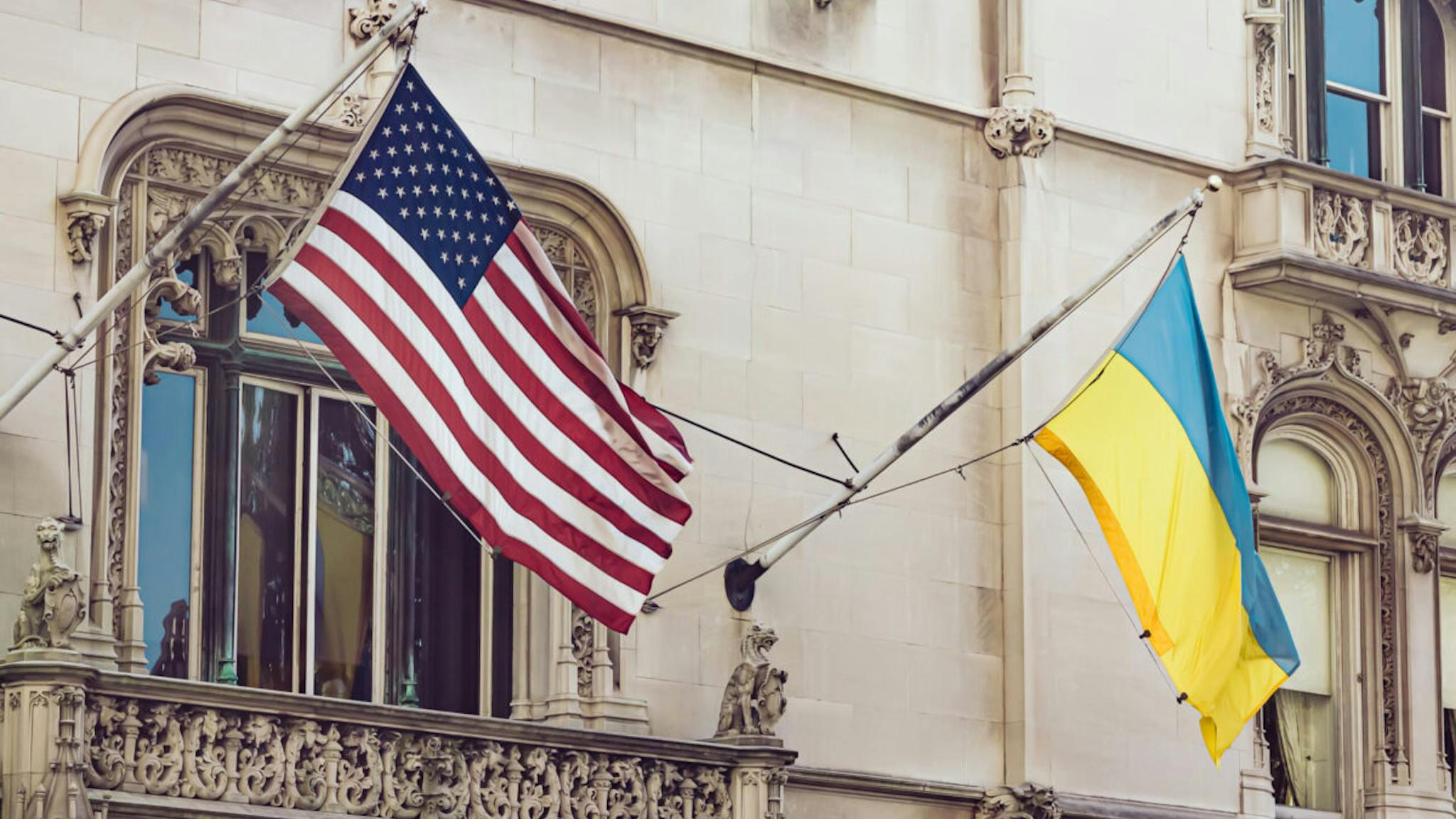 U.S. Flag/Ukraine Flag National flags of USA and Ukraine in midtown Manhattan