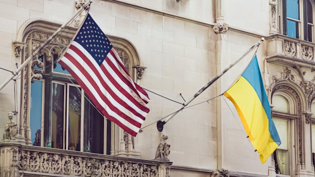 National flags of USA and Ukraine in midtown Manhattan