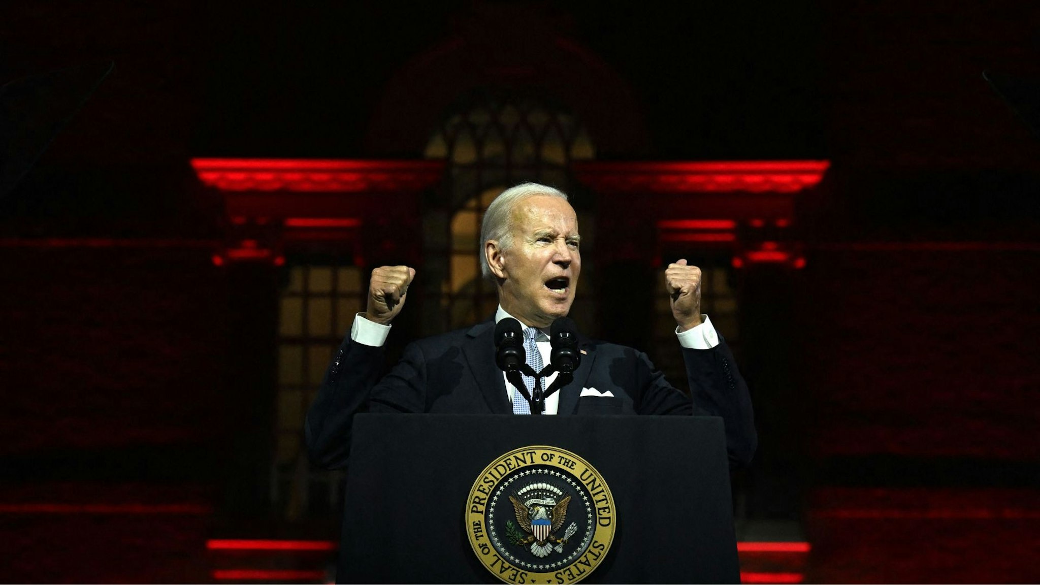 US President Joe Biden speaks about the soul of the nation, outside of Independence National Historical Park in Philadelphia, Pennsylvania, on September 1, 2022. (