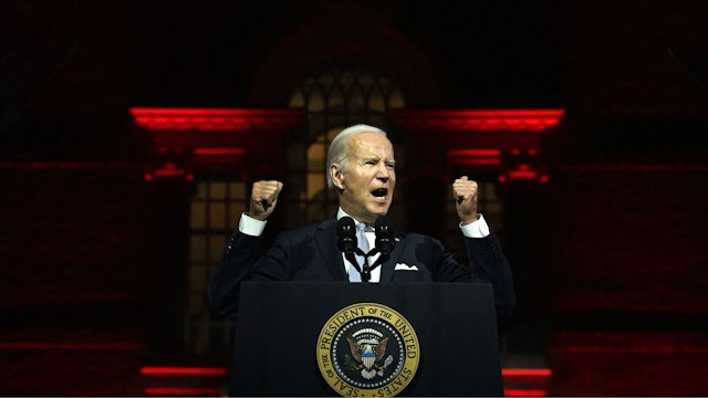 US President Joe Biden speaks about the soul of the nation, outside of Independence National Historical Park in Philadelphia, Pennsylvania, on September 1, 2022. (