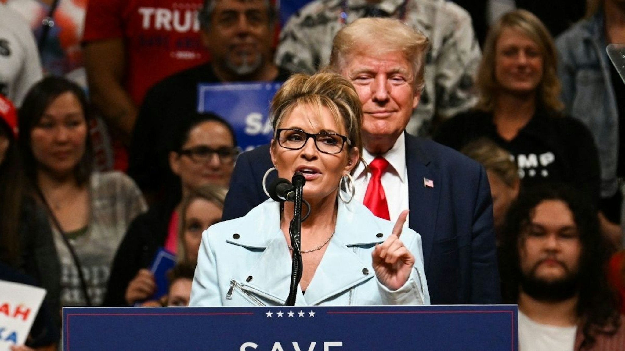 House of Representatives candidate, Sarah Palin (L) speaks alongside former US President Donald Trump during a "Save America" rally in Anchorage, Alaska on July 9, 2022.
