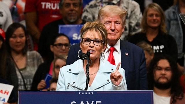House of Representatives candidate, Sarah Palin (L) speaks alongside former US President Donald Trump during a "Save America" rally in Anchorage, Alaska on July 9, 2022.