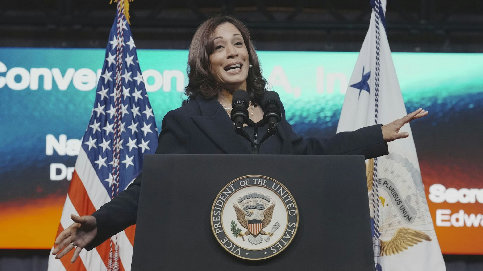 US Vice President Kamala Harris speaks at the National Baptist Convention 142nd annual session in Houston, Texas, US, on Tuesday, Sept. 8, 2022.