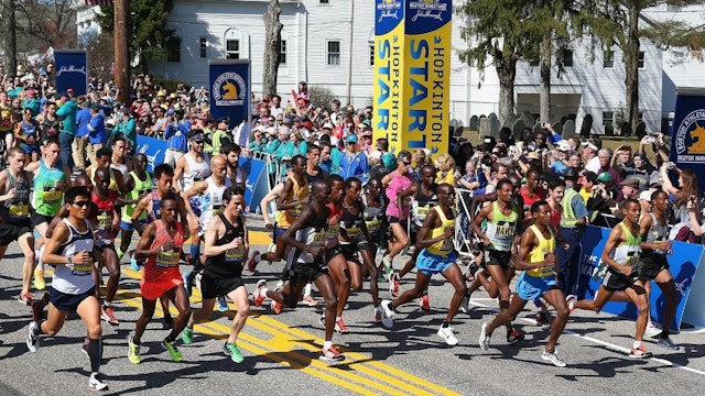 The Elite Men's division starts the 120th Boston Marathon on April 18, 2016 in Hopkinton, Massachusetts.