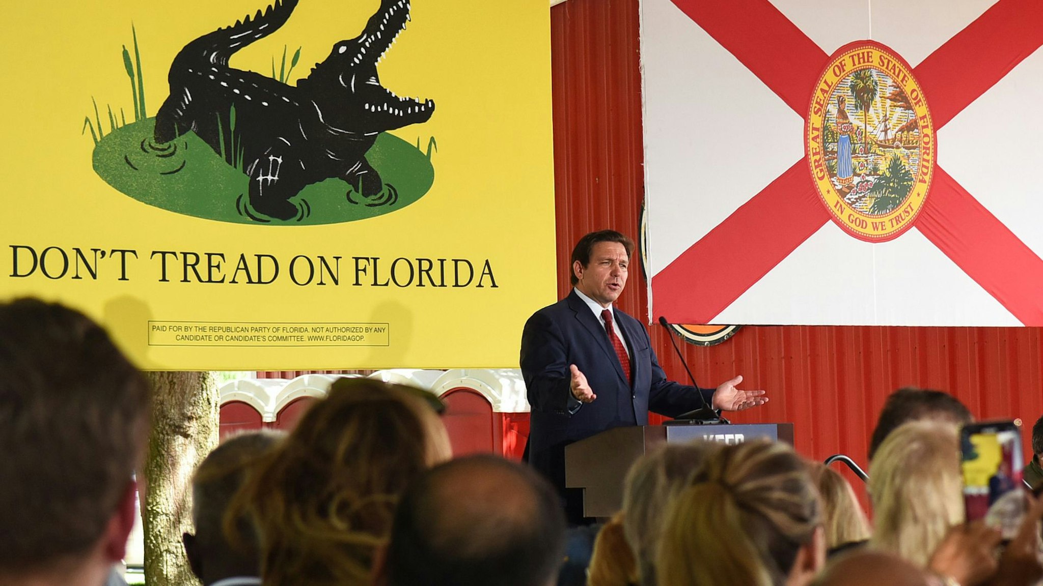 GENEVA, UNITED STATES - 2022/08/24: Florida Gov. Ron DeSantis speaks to supporters at a campaign stop on the Keep Florida Free Tour at the Horsepower Ranch in Geneva.