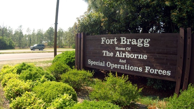 A sign shows Fort Bragg information May 13, 2004 in Fayettville, North Carolina. The 82d Airborne Division was assigned here in 1946, upon its return form Europe.