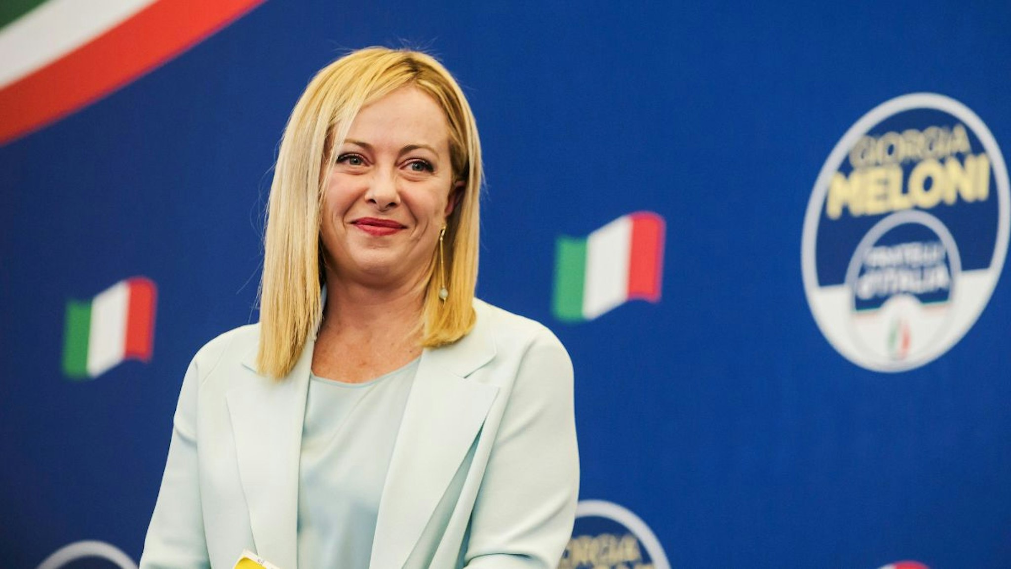 Giorgia Meloni is seen during a press conference.