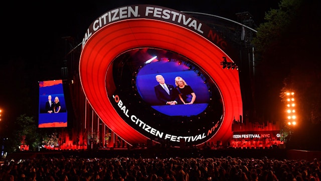 NEW YORK, NEW YORK - SEPTEMBER 24: A video of US President Joe Biden and Jill Biden plays onstage during Global Citizen Festival 2022: New York at Central Park on September 24, 2022 in New York City.