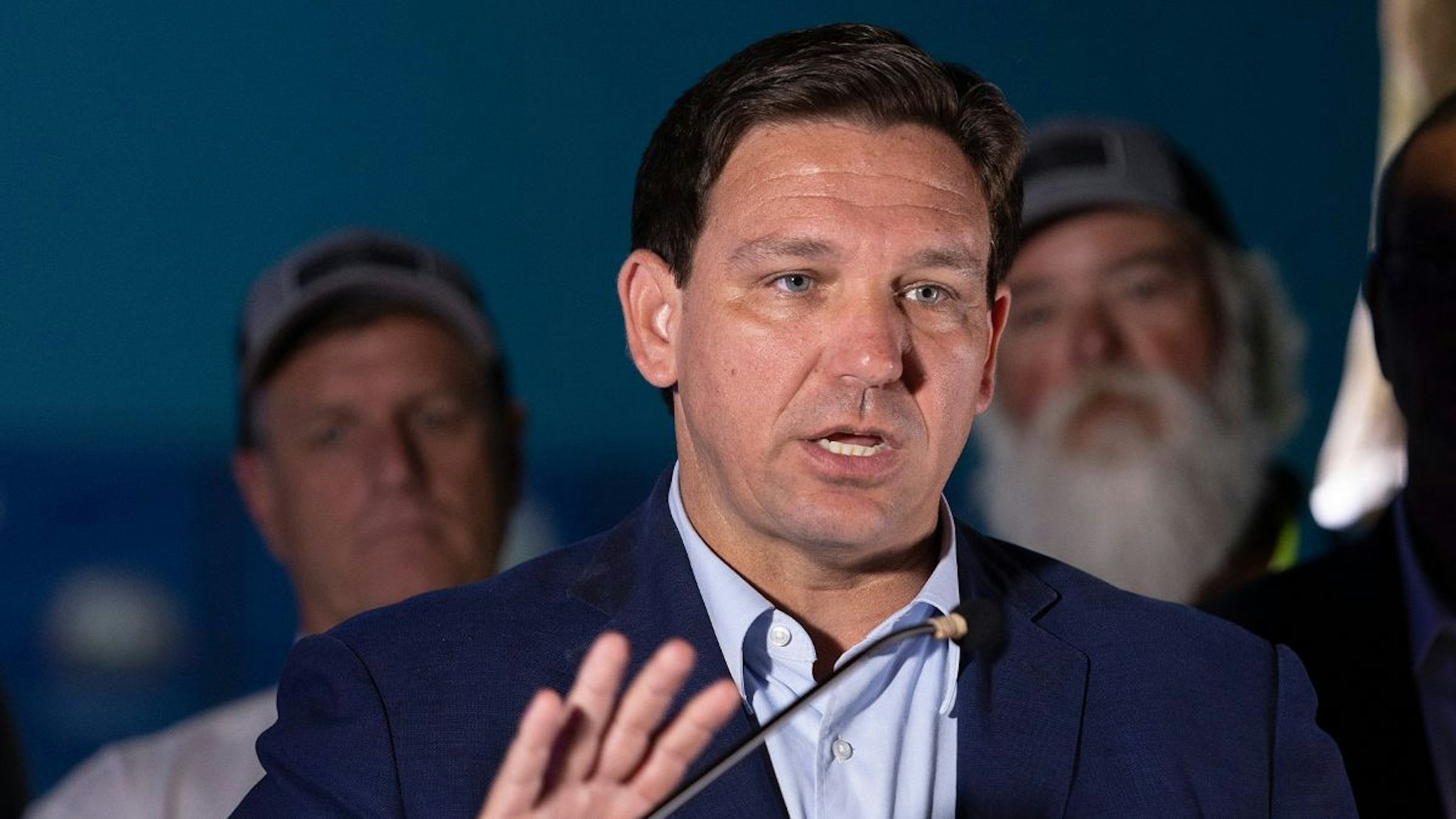 Florida Gov. Ron DeSantis speaks during a press conference held at the Cox Science Center & Aquarium on June 08, 2022 in West Palm Beach, Florida.