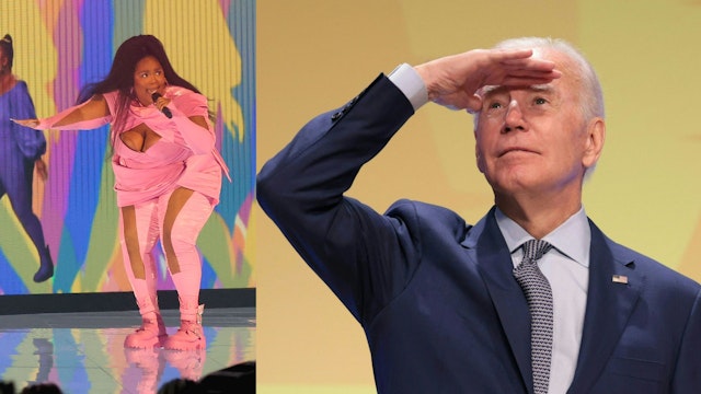 Lizzo onstage during the 2022 MTV Video Music Awards at Prudential Center in Newark, New Jersey. US President Joe Biden gestures during the White House Conference on Hunger, Nutrition, and Health at the Ronald Reagan Building in Washington, DC, September 28, 2022.