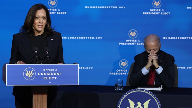 WILMINGTON, DELAWARE - DECEMBER 08: U.S. Vice President-elect Kamala Harris (L) delivers remarks as she and President-elect Joe Biden announce the members of their health team at the Queen Theater December 08, 2020 in Wilmington, Delaware.