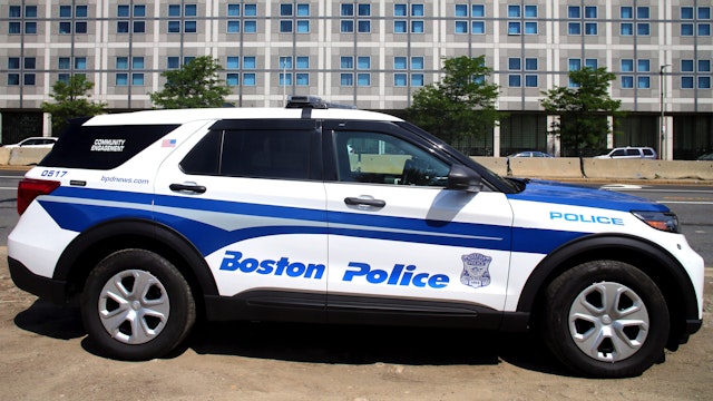 Boston, MA - June 9: Boston Police car at the BPD Headquarters in Boston, MA on June 9, 2021.