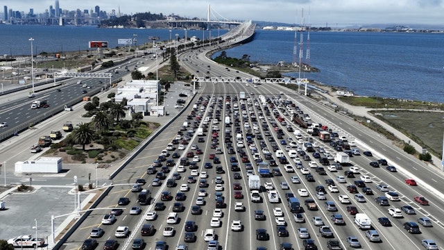 California To Ban Sale Of New Gas Cars By 2035 OAKLAND, CALIFORNIA - AUGUST 24: Traffic backs up at the San Francisco-Oakland Bay Bridge toll plaza on August 24, 2022 in Oakland, California. California is set to implement a plan to prohibit the sale of new gasoline-powered cars in the state by 2035 in an effort to fight climate change by transitioning to electric vehicles. (Photo by Justin Sullivan/Getty Images) Justin Sullivan / Staff