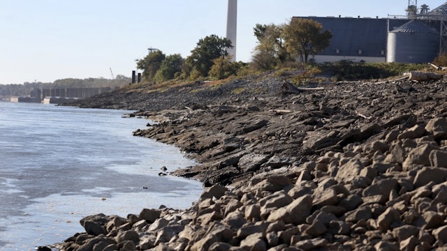 Drought In Mississippi River Basin Slows Down Vital Barge Traffic MARSTON, MISSOURI - OCTOBER 18: Rocks are exposed by retreating water along the banks of the Mississippi River on October 18, 2022 near Marston, Missouri. Lack of rain in the Ohio River Valley and along the Upper Mississippi has caused the Mississippi River south of the confluence of the Ohio River to reach near record low levels. This condition is wreaking havoc with barge traffic, driving up shipping prices and threatening crop exports and fertilizer shipments as the soybean and corn harvest gets into full swing. (Photo by Scott Olson/Getty Images) Scott Olson / Staff
