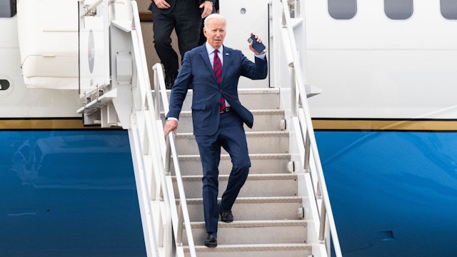 Los Angeles , CA - October 12:President Joe Biden arrives on Air Force One at Los Angeles International Airport for a two-day visit to the Southland on Wednesday, October 12, 2022.