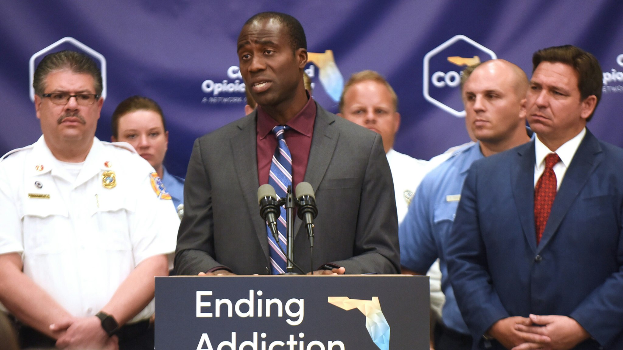 ROCKLEDGE, UNITED STATES - 2022/08/03: Florida surgeon general Joseph Ladapo speaks at a press conference where Gov. Ron DeSantis announced the expansion of a new, piloted substance abuse and recovery network to disrupt the opioid epidemic, at the Space Coast Health Foundation in Rockledge, Florida. The Coordinated Opioid Recovery (CORE) network of addiction care was piloted in Palm Beach County and will be expanding in up to twelve counties to assist Floridians battling with addiction.