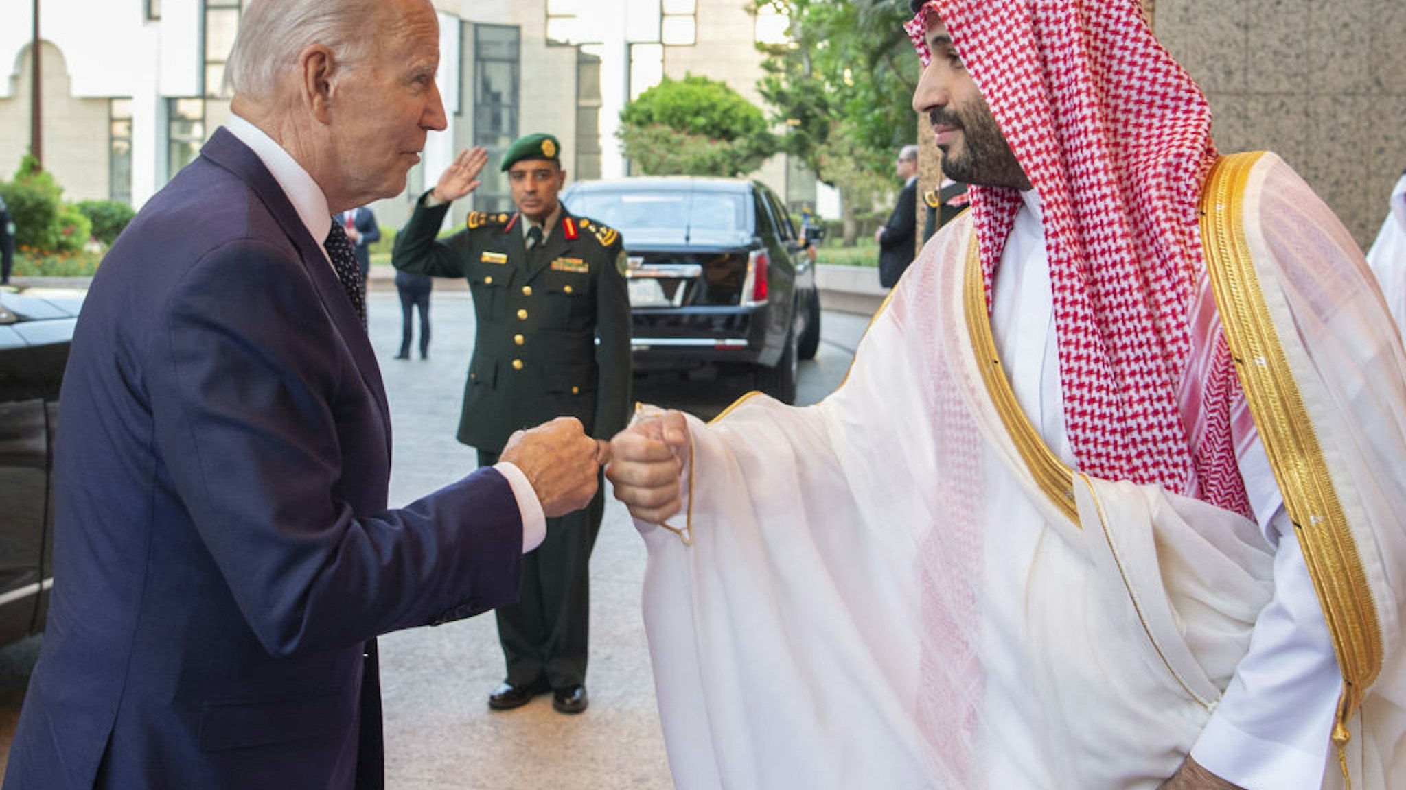 JEDDAH, SAUDI ARABIA - JULY 15: (----EDITORIAL USE ONLY â MANDATORY CREDIT - "ROYAL COURT OF SAUDI ARABIA / HANDOUT" - NO MARKETING NO ADVERTISING CAMPAIGNS - DISTRIBUTED AS A SERVICE TO CLIENTS----) US President Joe Biden (L) being welcomed by Saudi Arabian Crown Prince Mohammed bin Salman (R) at Alsalam Royal Palace in Jeddah, Saudi Arabia on July 15, 2022. (Photo by Royal Court of