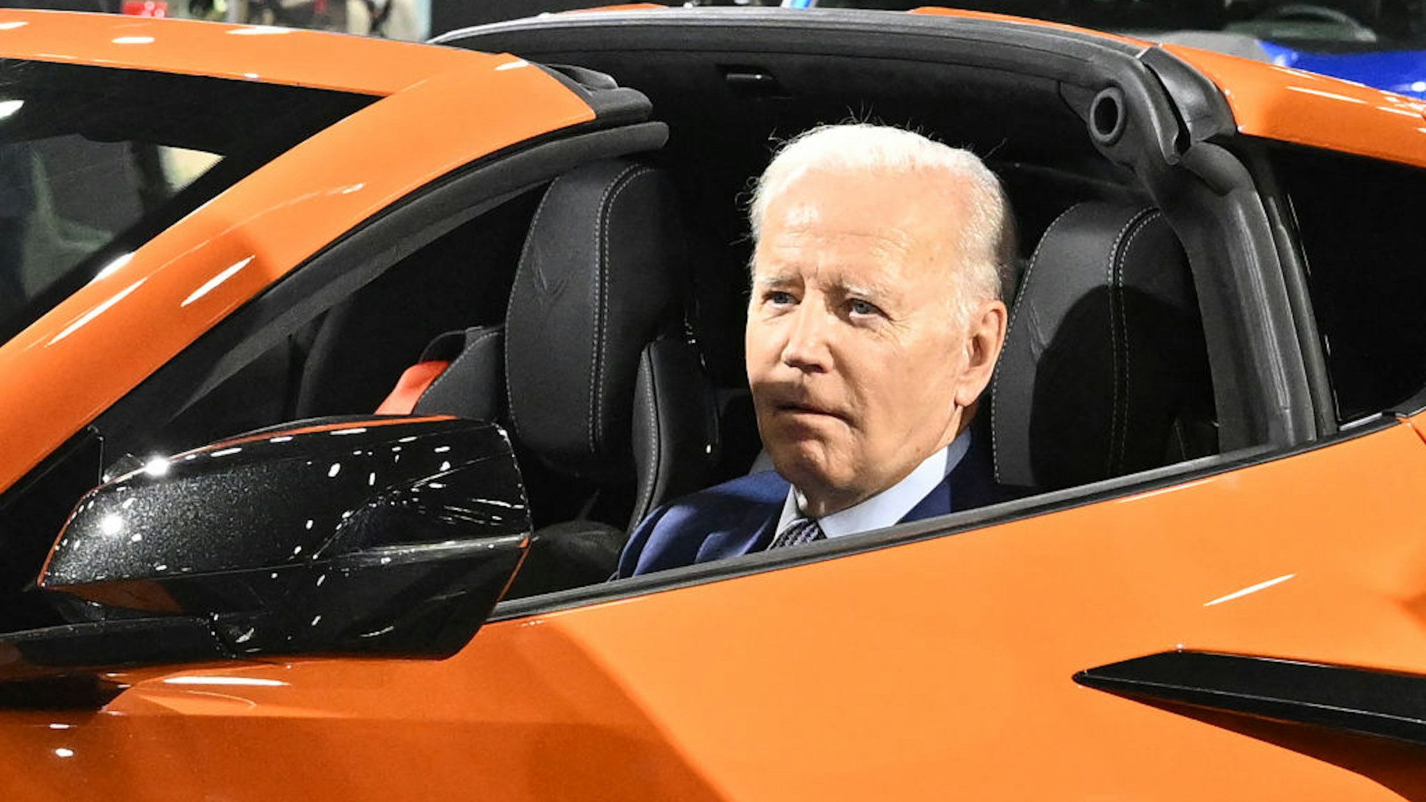 US President Joe Biden sits in a Chevrolet Corvette Z06 as he tours the 2022 North American International Auto Show at Huntington Place Convention Center in Detroit, Michigan on September 14, 2022. - Biden is visiting the auto show to highlight electric vehicle manufacturing. (Photo by Mandel NGAN / AFP) (Photo by MANDEL NGAN/AFP via Getty Images)